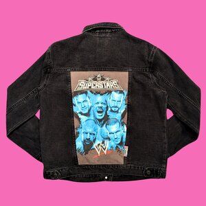 WWE Superstars T-Shirt Upcycled Black Denim Jacket Size M for Women